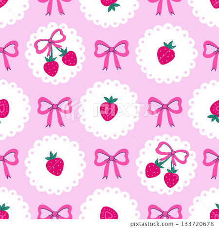 Seamless pattern with strawberries and bows. Vector graphics. Seamless pattern with strawberries and bows. Vector graphics. 133720678