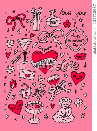 Valentine doodle set with hearts bows gifts and romantic elements 133720687