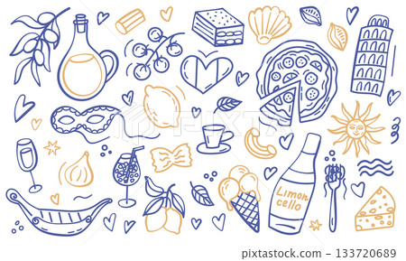 Colorful Italy doodle set with food landmarks and travel symbols Colorful Italy doodle set with food landmarks and travel symbols 133720689