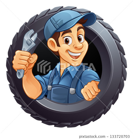 Tyre Tire Car Service Mechanic Mascot Cartoon Man 133720703