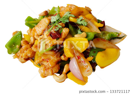 Stired-fried Chicken with Cashew Nuts in white dish isolated on white background with clipping path 133721117