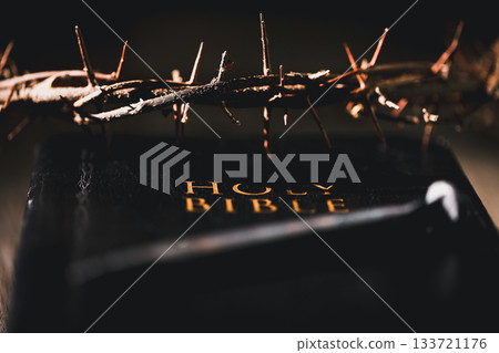 Crucifixion of Jesus Christ, nail-pierced hands, crown of thorns, cross, symbol of Christianity, representing holy sacrifice, passion, faith central to Easter celebration, religious tradition. 133721176