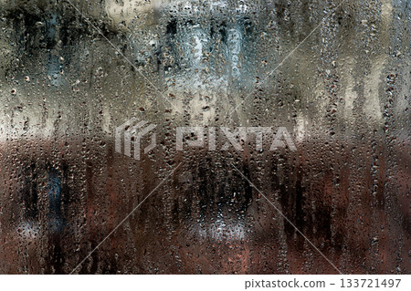 condensation droplets pattern interior glass. abstract contrast photo with glass background. fogged window inside apartment, increased humidity. 133721497