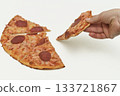 Hands pulling apart a slice of pizza with pepperoni, showcasing the cheesy stretch and delicious toppings. The pizza slice is fresh and savory. on a white background. 133721867