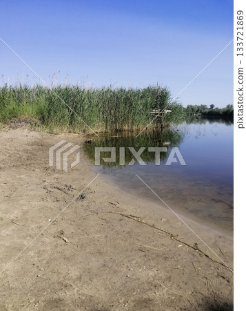 vertical photo. sandy beach along edge of lake with clear water. shoreline offers mix of sand and grass. beautiful lake surrounded by green grasses and plants. water is calm. vertical photo. sandy beach along edge of lake with clear water. shoreline offers mix of sand and grass. beautiful lake surrounded by green grasses and plants. water is calm. 133721869