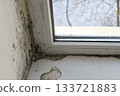 Mold in window corner. Black stains spread to frame and wall. Severe mold growth in window corner, with black spots covering the frame. Evidence of water damage and inadequate moisture control. 133721883