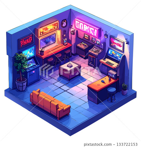 方形房間霓虹色遊戲中心，商店/工作圖示/插畫素材 133722153