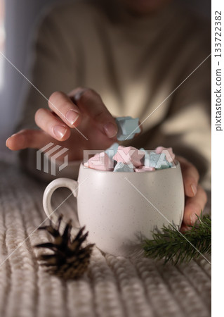 comfortable flatlay with warm elements, relaxed setting showcasing marshmallow with seasonal decor comfortable flatlay with warm elements, relaxed setting showcasing marshmallow with seasonal decor 133722382