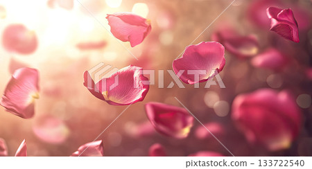 Elegant Soft Rose Petals Floating in the Air with Warm Lighting, Romantic Dreamy Background Design 133722540