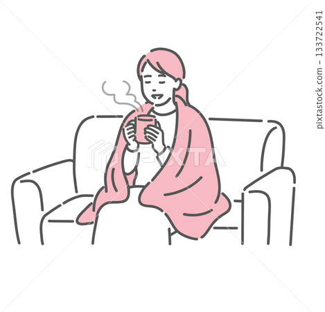Illustration of a woman drinking a hot drink at home, relaxing under a blanket. 133722541