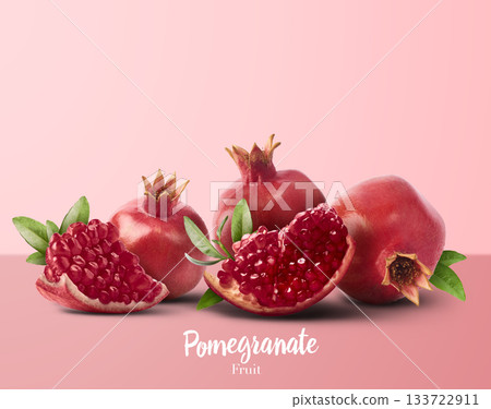 Flying in air fresh ripe whole and cut pomegranate with seeds and leaves isolated. High resolution image Flying in air fresh ripe whole and cut pomegranate with seeds and leaves isolated. High resolution image 133722911