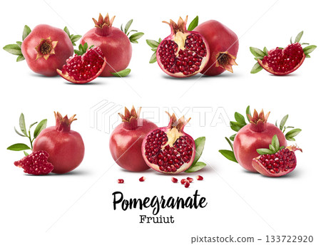 Flying in air fresh ripe whole and cut pomegranate with seeds and leaves isolated. High resolution image Flying in air fresh ripe whole and cut pomegranate with seeds and leaves isolated. High resolution image 133722920