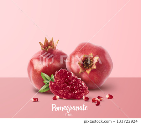 Flying in air fresh ripe whole and cut pomegranate with seeds and leaves isolated. High resolution image Flying in air fresh ripe whole and cut pomegranate with seeds and leaves isolated. High resolution image 133722924