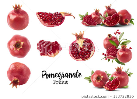 Flying in air fresh ripe whole and cut pomegranate with seeds and leaves isolated. High resolution image 133722930