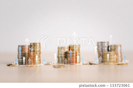Stacks of coins arranged in separate groups, upward arrows, glowing rings, symbolizing diversified income, investment growth, financial progress, savings expansion, multi-source wealth development. Stacks of coins arranged in separate groups, upward arrows, glowing rings, symbolizing diversified income, investment growth, financial progress, savings expansion, multi-source wealth development. 133723061