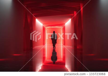 Traveler crosses luminous portal, Dark corridor with glowing entrance, Solitary figure moves through radiant gateway, Silent explorer navigates luminous arch in shadowed gallery 133723068