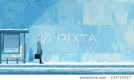 Serene Winter Scene with a Young Man at a Bus Stop Serene Winter Scene with a Young Man at a Bus Stop 133723427