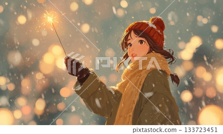 Enchanting Winter Evening with Sparkler in Hand 133723451