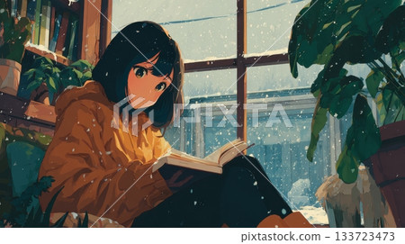 Cozy Winter Reading Scene with Anime Character in a Snowy Setting 133723473