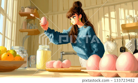 Anime Girl Cooking in a Bright Kitchen with Eggs Anime Girl Cooking in a Bright Kitchen with Eggs 133723482