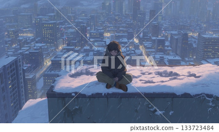 Contemplative Anime Character Overlooking a Snowy Cityscape Contemplative Anime Character Overlooking a Snowy Cityscape 133723484