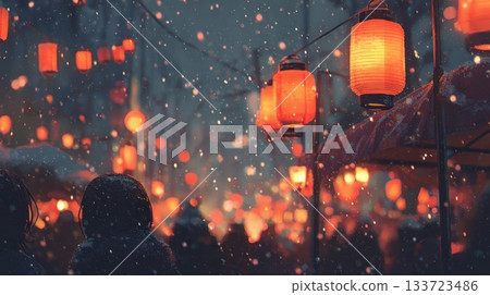 Enchanting Winter Night Market with Lanterns and Snow Enchanting Winter Night Market with Lanterns and Snow 133723486