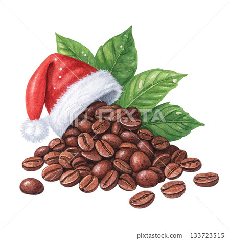 coffee beans with green leaves wearing a Santa hat coffee beans with green leaves wearing a Santa hat 133723515