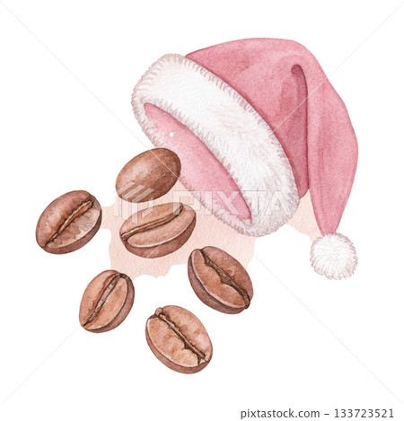 coffee beans with green leaves wearing a Santa hat 133723521