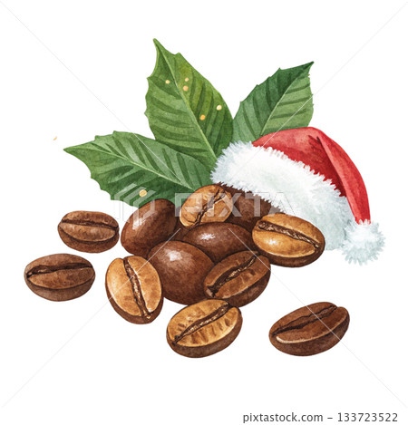 coffee beans with green leaves wearing a Santa hat 133723522