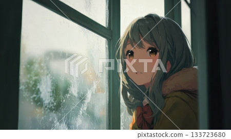 Thoughtful Anime Girl Gazing Out a Rainy Window 133723680