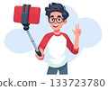 Illustration Young Man Taking Selfie with Stick and Peace Sign 133723780