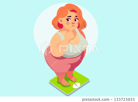 Illustration Overweight Woman Standing on Weight Scale 133723833