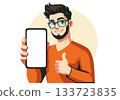 Illustration Bearded Man Showing Smartphone and Thumbs Up 133723835