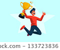 Illustration Excited Man Jumping and Holding Trophy 133723836