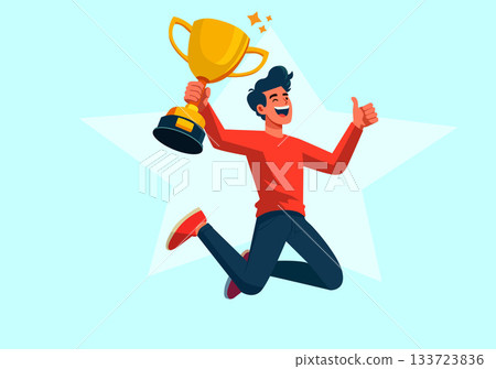 Illustration Excited Man Jumping and Holding Trophy 133723836