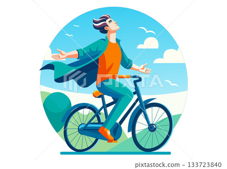 Illustration Man Riding Bicycle with Arms Open Feeling Freedom Illustration Man Riding Bicycle with Arms Open Feeling Freedom 133723840