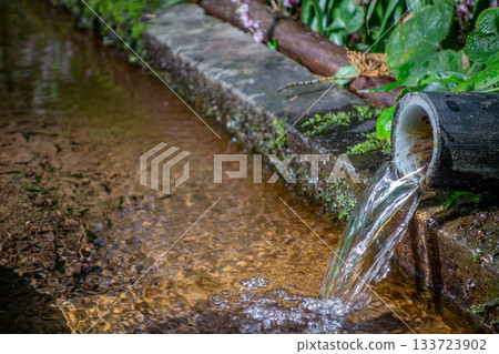 A bamboo-tube water trough from which mountain spring water flows: A clear stream near Hiwadayama in Hidaka City, Saitama Prefecture 133723902