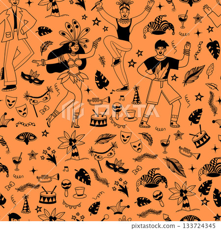 Carnival Dancers Celebration Seamless Pattern. Happy people in Masquerade Costumes with Feathers, Masks, festive elements on Orange Background. Hand-Drawn Doodle. Vector Illustration. Not AI Carnival Dancers Celebration Seamless Pattern. Happy people in Masquerade Costumes with Feathers, Masks, festive elements on Orange Background. Hand-Drawn Doodle. Vector Illustration. Not AI 133724345