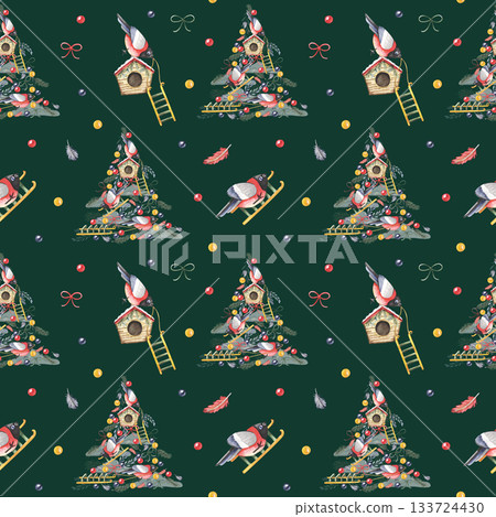 Watercolor Christmas birds and decorated trees seamless pattern on dark green 133724430