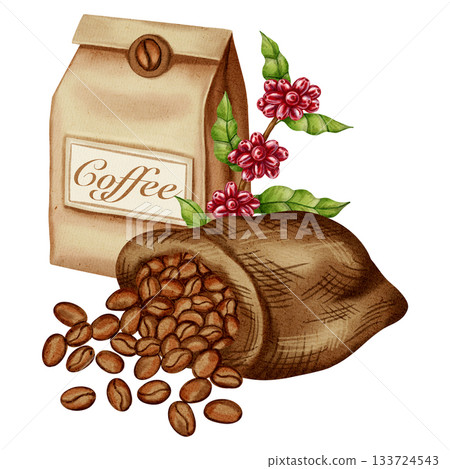 Watercolor illustration of a jute bag with roasted coffee beans and a kraft bag containing coffee and a coffee pot. Illustrations for coffee shops, cafes, packaging, menus, and product design. 133724543