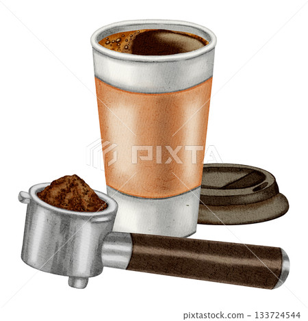 Watercolor illustration of a takeaway coffee cup and a coffee machine portafilter. Paper cup for coffee to go. Illustrations for coffee shops, cafes, packaging, Watercolor illustration of a takeaway coffee cup and a coffee machine portafilter. Paper cup for coffee to go. Illustrations for coffee shops, cafes, packaging, 133724544