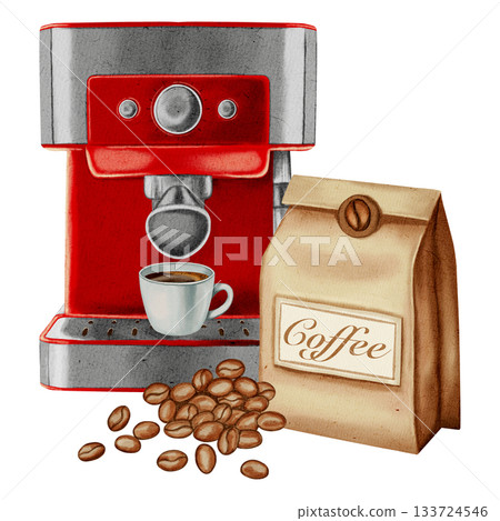 Watercolor illustration of a coffee machine with a cup, coffee beans, and a kraft bag of coffee. Illustrations for coffee shops, cafes, packaging, menus, and product design. 133724546