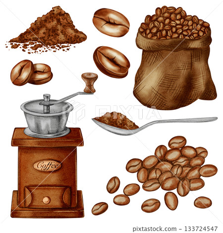 Watercolor coffee set with grinder, cezve, cup, beans and ground coffee. Hand-drawn elements ideal for cafes, coffee shops, packaging, menus and branding materials. Watercolor coffee set with grinder, cezve, cup, beans and ground coffee. Hand-drawn elements ideal for cafes, coffee shops, packaging, menus and branding materials. 133724547