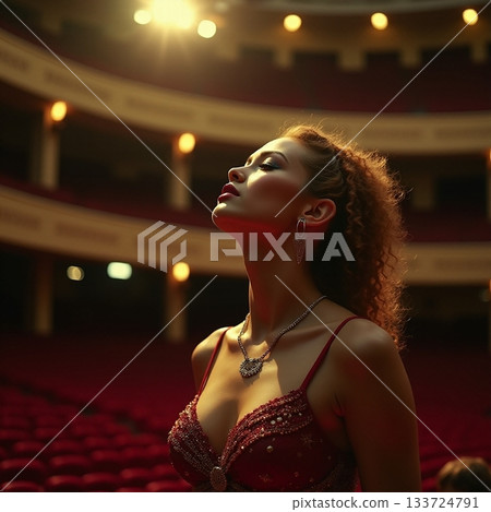 Dancer in red shimmering attire under theater spotlight Generative AI 133724791