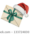 watercolor illustration of a gift envelope wearing a Santa hat 133724830