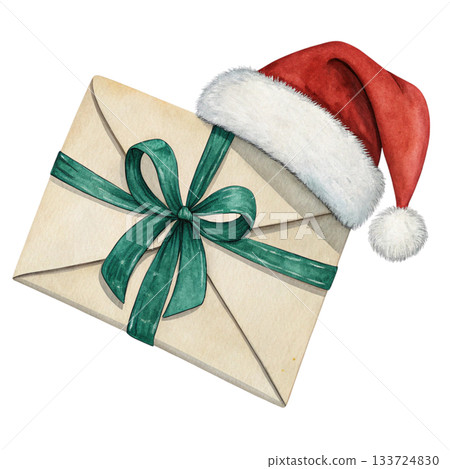 watercolor illustration of a gift envelope wearing a Santa hat 133724830
