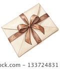 watercolor illustration of a gift envelope wearing a Santa hat 133724831