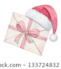 watercolor illustration of a gift envelope wearing a Santa hat 133724832