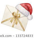 watercolor illustration of a gift envelope wearing a Santa hat 133724833