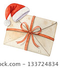 watercolor illustration of a gift envelope wearing a Santa hat 133724834